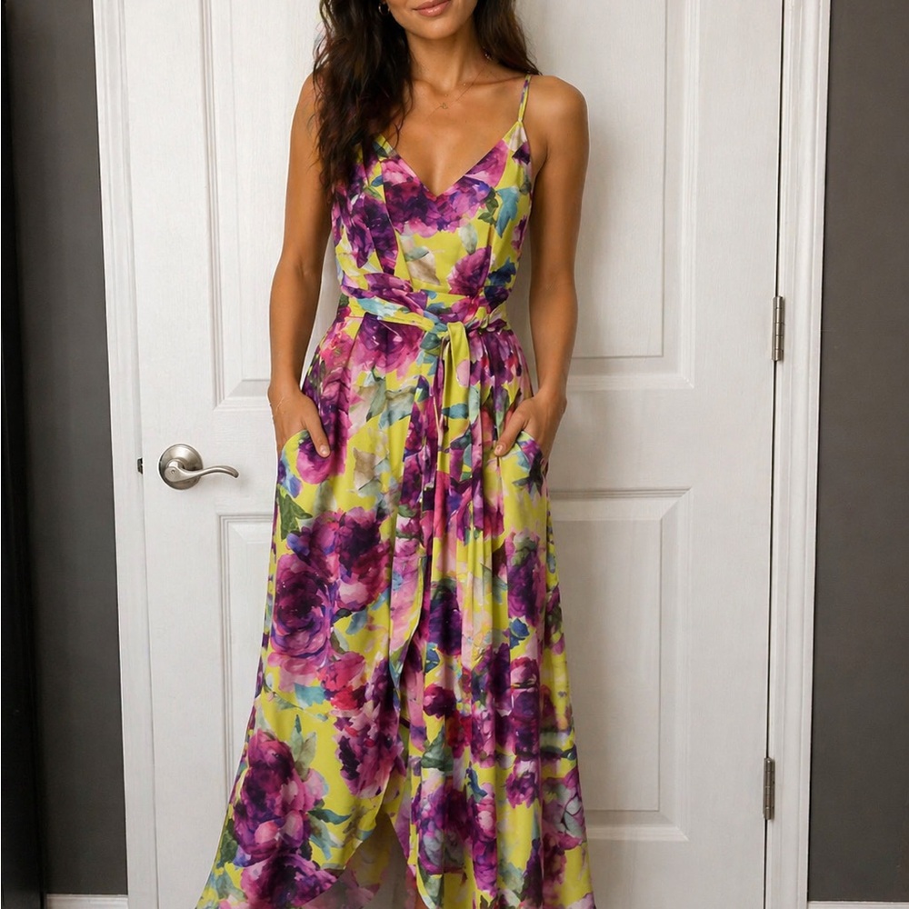 Badgley Mischka Yellow and Purple Floral Midi Dress